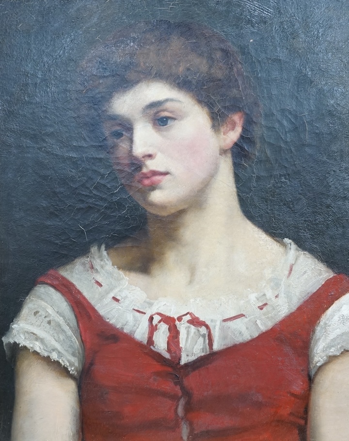 Late 19th / early 20th century School, Head and shoulders portrait of a young woman, unsigned, oil on canvas, 52 x 42cm, ornate gilt frame
